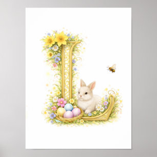 Kinderkamer Letter L Baby Konijn Initiaal Goud Blo Poster