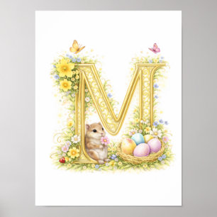 Kinderkamer Letter M Baby Hamster Initiaal Goud Bl Poster
