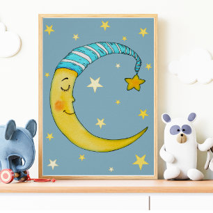 Kinderkamer Muur Kunst Maan Sterren Geel Blauw Pos Poster