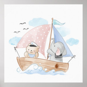 KINDERKAMER POSTER: BOOT MET OLIFANT & BABY BEER POSTER