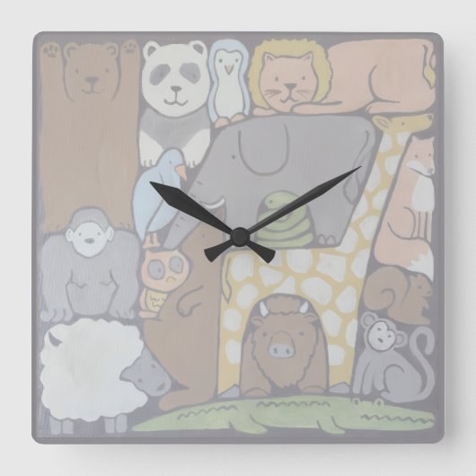 Kinderkamer/stapel dieren kunst vierkante klok (Voorkant)
