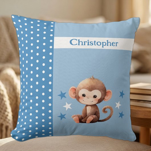 Kinderkamer voeg naam toe leuke aap blauw kussen