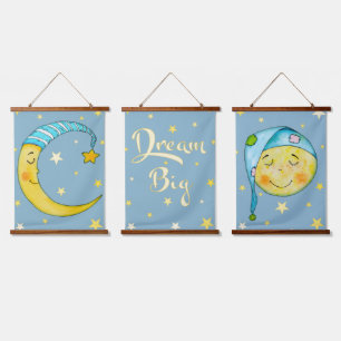 Kinderkamer wandkunst maan sterren geel blauw wand hangend wandkleed