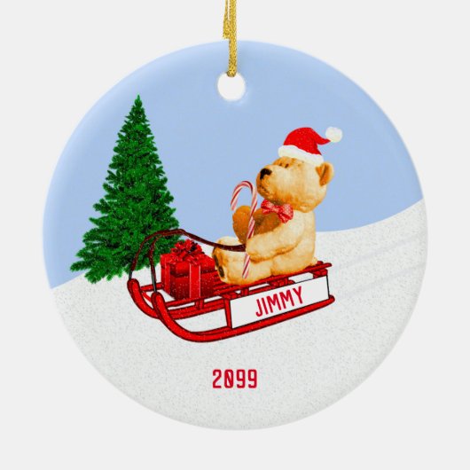Kinderkleinkind Teddy Bear op het Cadeau Sled w Keramisch Ornament (Achterkant)