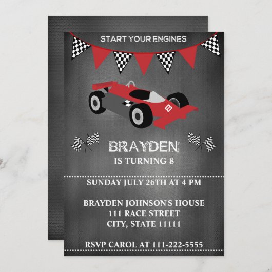 Kinderkrijtbord Race Auto Verjaardag Uitnodiging (Voorkant / Achterkant)