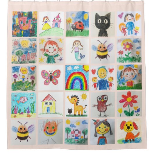 Kinderkunst Keepsake 25 tekeningen Collage Douchegordijn (Voorkant)