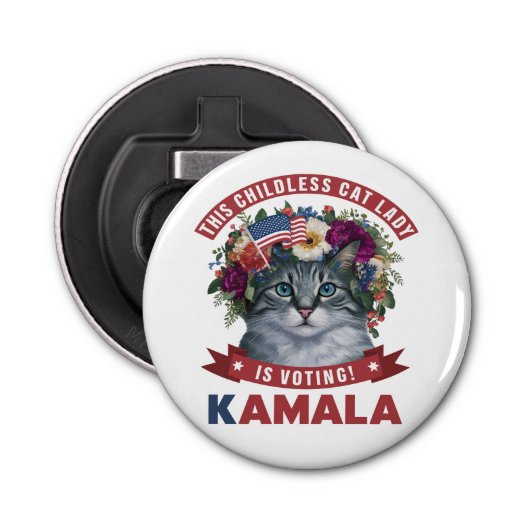 Kinderloze Cat Dames voor Kamala Harris Button Flesopener (Voorkant)