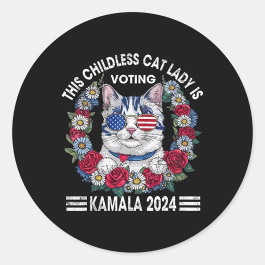 Kinderloze Cat Lady gaat Kamala Harris 2024 stemme Ronde Sticker (Voorkant)