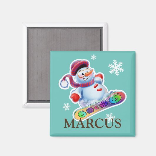 Kindernaam Snowboarding-snowman fridge magnet (Voorkant / Achterkant)