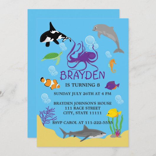 Kinderoceaan met als titel Birthday Invitation Kaart (Voorkant / Achterkant)