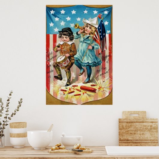 Kinderparade Amerikaanse vlag  op 4 juli Poster (Keuken)