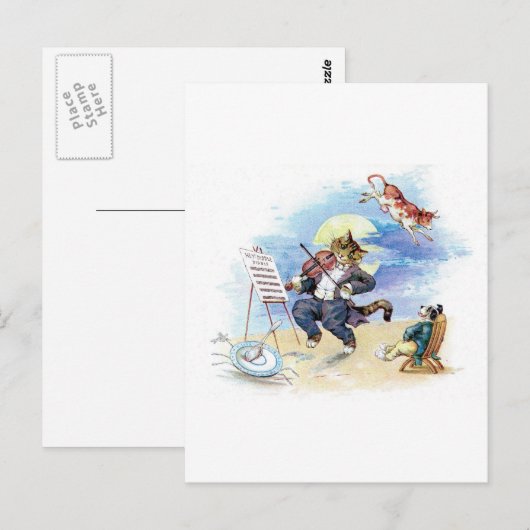 kinderrijmpje Hey Diddle, Cat Fiddle Art Briefkaart (Voorkant / Achterkant)