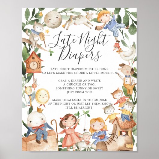 Kinderrijmpjes Baby Shower Late Night Luier Bord Poster (Voorkant)