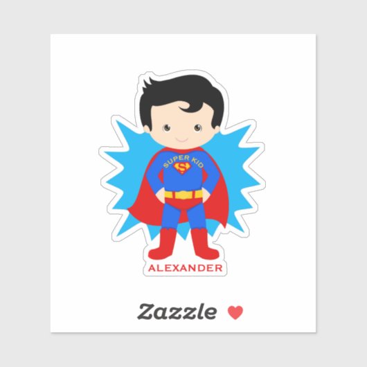 Kinderrood, blauwe Super Hero, naam, flauw Sticker (Vel)