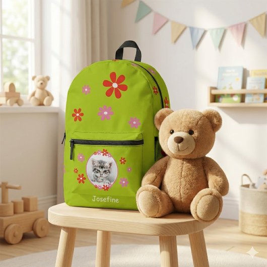 Kinderrucksack grün mit Foto - Blumen - rosa rot  Bedrukte Rugzak