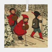 Kinderskiën, een winterscène glas ornament (Achterkant)