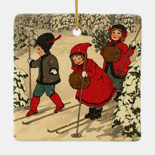 Kinderskiën, een  winterscène keramisch ornament (Achterkant)