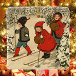 Kinderskiën, een  winterscène keramisch ornament<br><div class="desc">Kinderskiën,  een  winterscène</div>