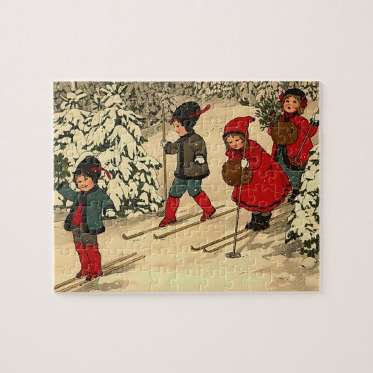 Kinderskiën, een  winterscène legpuzzel (Horizontaal)
