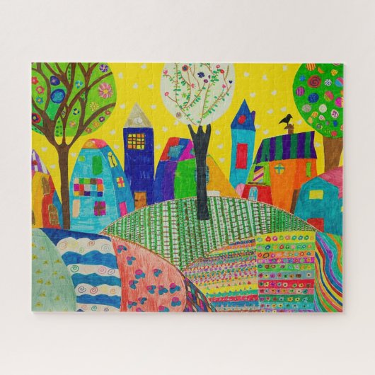 Kindertekening van een stad legpuzzel (Horizontaal)