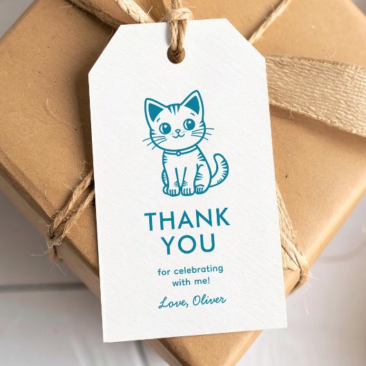 Kinderverjaardag met blauwe kitten cadeaulabel