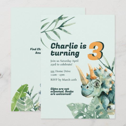 Kinderverjaardag Uitnodiging Dinosaurus Thema (Voorkant / Achterkant)