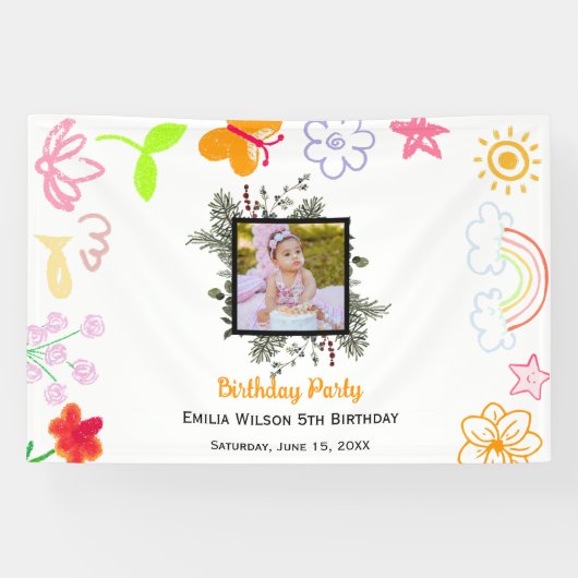 Kinderverjaardagsbanner geel & paars spandoek (Horizontaal)