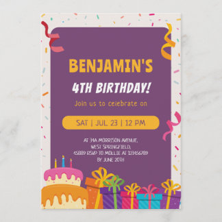 Kinderverjaardagsfeestcake en cadeaus ontwerp verj kaart