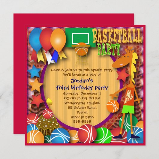 Kinderverjaardagsuitnodiging 031: Basketbal Kaart (Voorkant / Achterkant)