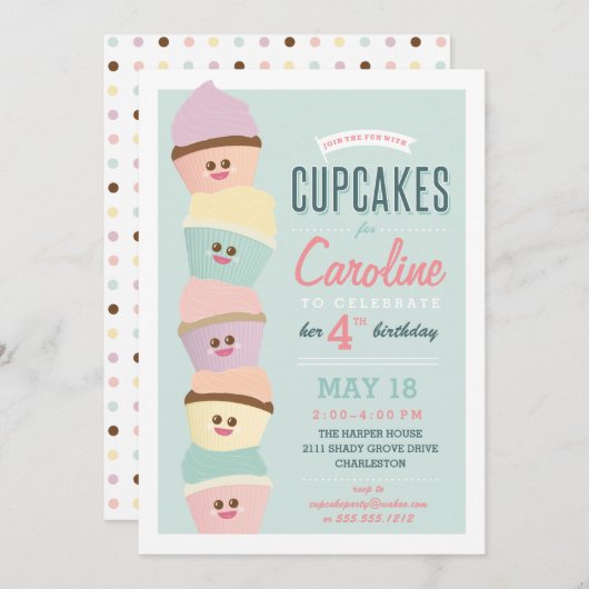 Kinderverjaardagsuitnodiging *Cupcake Party* Paste Kaart (Voorkant / Achterkant)