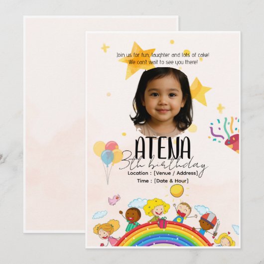 Kinderverjaardagsuitnodiging – gepersonaliseerde 5 kaart (Voorkant / Achterkant)