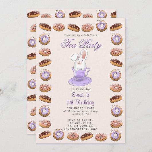 Kinderverjaardagsuitnodiging met donuts en bunny kaart (Voorkant / Achterkant)