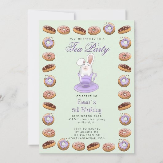 Kinderverjaardagsuitnodiging met donuts en bunny kaart (Voorkant)