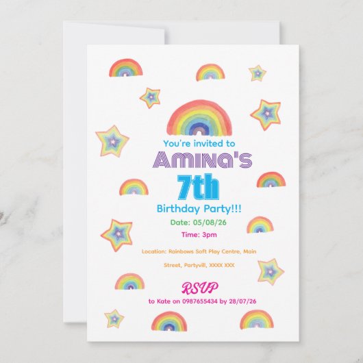 Kinderverjaardagsuitnodiging met Regenboog Magie Kaart (Voorkant)