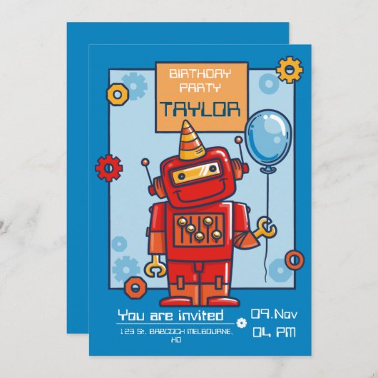 kinderverjaardagsuitnodiging met robot kaart (Voorkant / Achterkant)