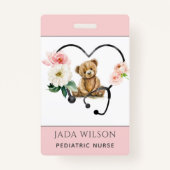 Kinderverpleegkundige teddybeer bloemenstethoscoop badge (Voorkant)
