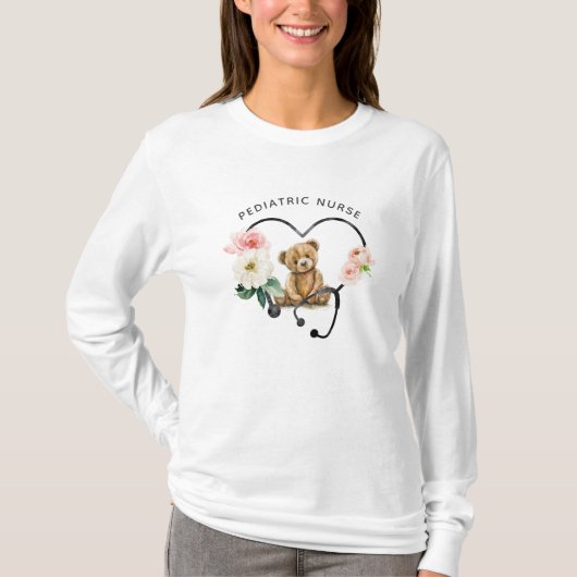 Kinderverpleegkundige teddybeer bloemenstethoscoop t-shirt (Voorkant)