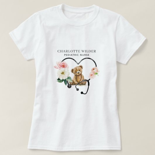 Kinderverpleegkundige teddybeer bloemenstethoscoop t-shirt (Design voorkant)