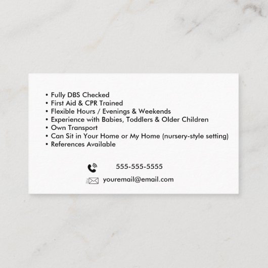 Kinderverzorger Babysitter Colorful Funky Cool Visitekaartje (Achterkant)