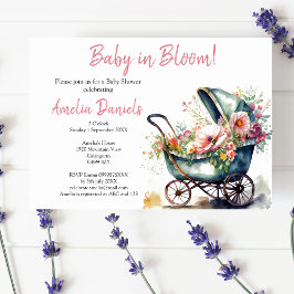  kinderwagen Baby in Bloom Baby shower Uitnodiging