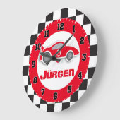 Kinderwagen rood geruit vlag naam wandklok (Hoek)