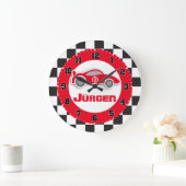 Kinderwagen rood geruit vlag naam wandklok (Huis)