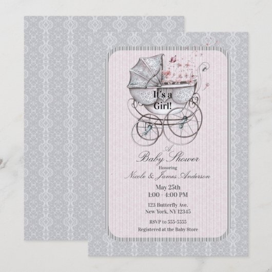kinderwagen White Lace Roze Baby shower Kaart (Voorkant / Achterkant)