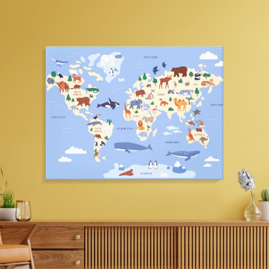 kinderwereldkaart met dieren canvas afdruk (Insitu (Woonkamer))