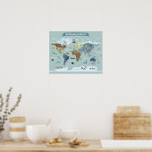Kinderwereldkaart met dieren en bezienswaardighede poster (Keuken)