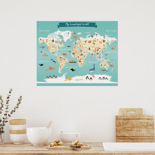 Kinderwereldkaart met illustraties poster (Keuken)
