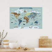 Kinderwereldkaart met leuke illustraties poster (Keuken)