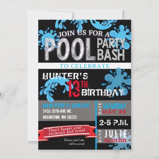 Kinderzwembad Party Bash Verjaardag Uitnodiging (Voorkant)