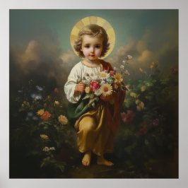 Kindje Jezus met bloemen Katholiek Religieus Poster