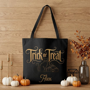 Kindje Trick or Treat Halloween Zwarte Kat Gouden Tote Bag